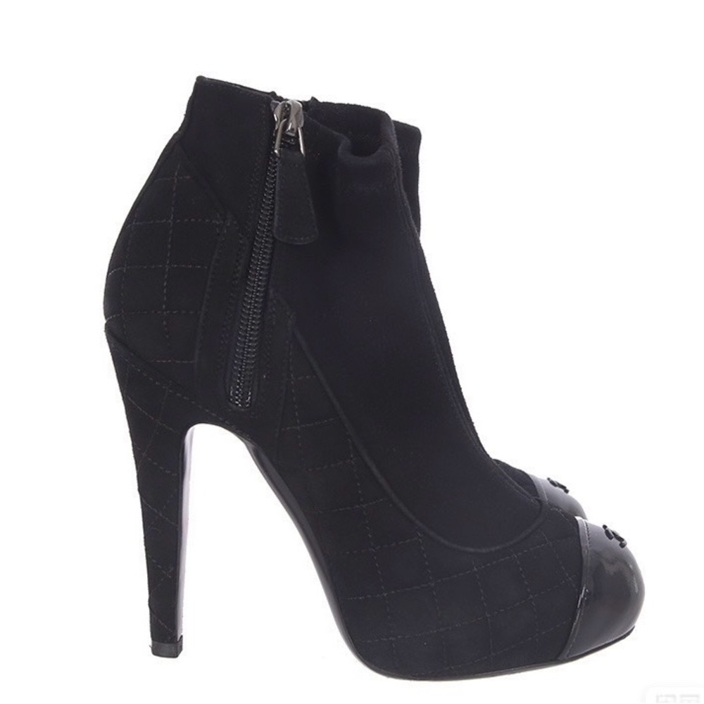 Chanel Patent Leather Cap Toe Platform Ankle Boots in Black Suede